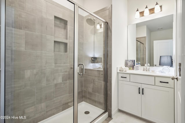 full bathroom with visible vents, a stall shower, and vanity