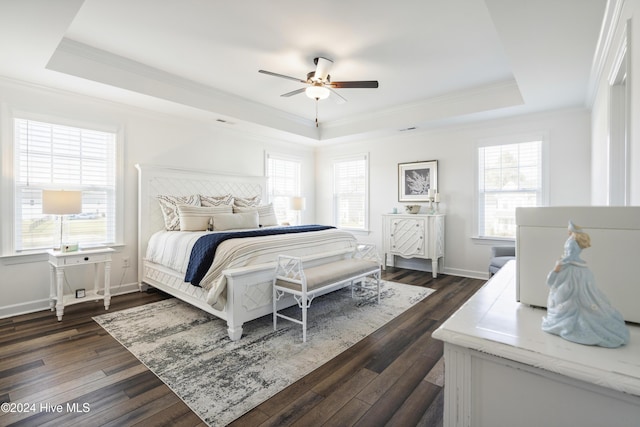 bedroom with ceiling fan, a raised ceiling, dark hardwood / wood-style flooring, and multiple windows