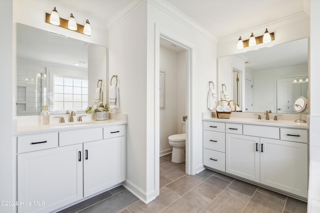 bathroom featuring toilet, vanity, and ornamental molding