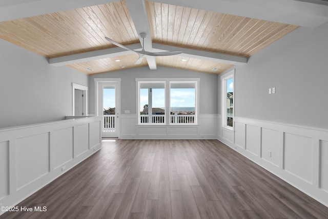 unfurnished living room featuring wood ceiling, ceiling fan, dark hardwood / wood-style flooring, and lofted ceiling with beams