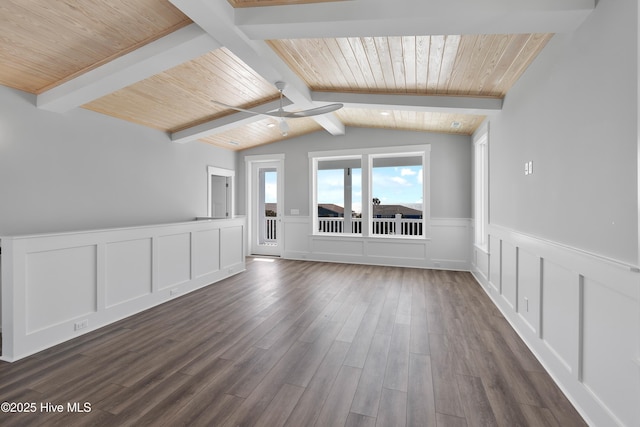 interior space featuring wood ceiling, ceiling fan, dark wood-type flooring, and vaulted ceiling with beams