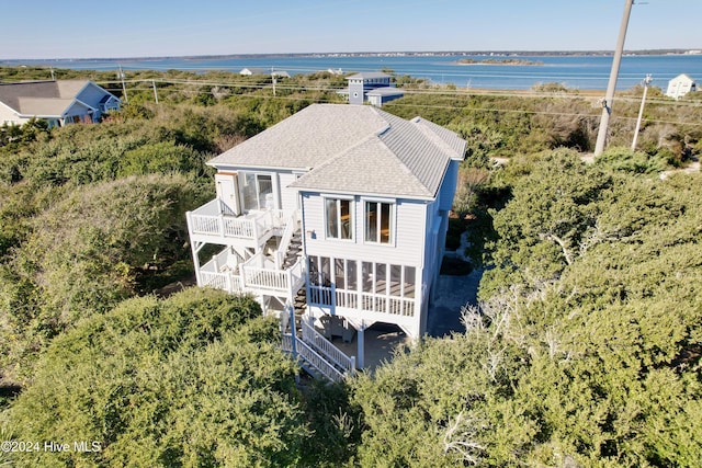 aerial view featuring a water view