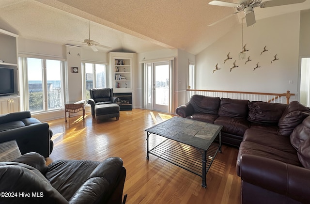 living room with a textured ceiling, light wood-type flooring, vaulted ceiling, and plenty of natural light