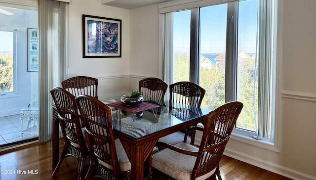 dining area with dark hardwood / wood-style flooring