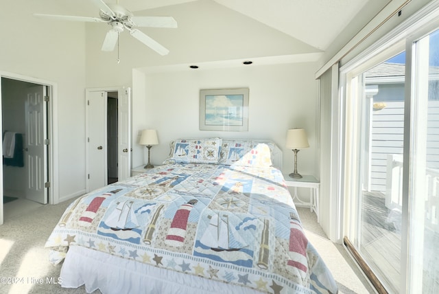 carpeted bedroom featuring vaulted ceiling and ceiling fan