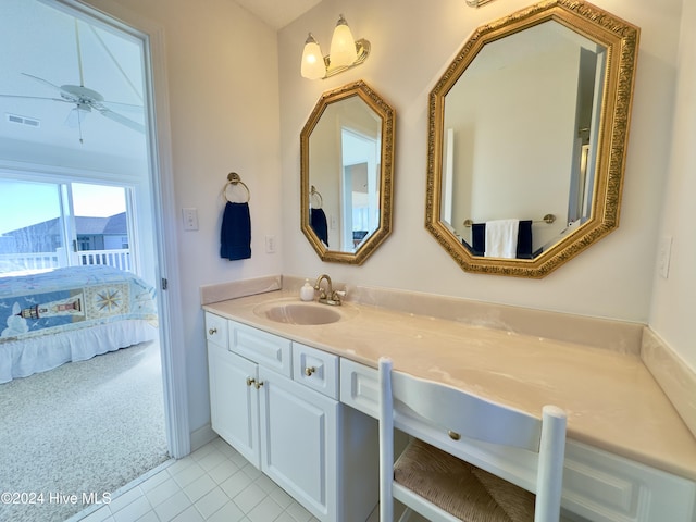 bathroom with vanity, tile patterned floors, and ceiling fan