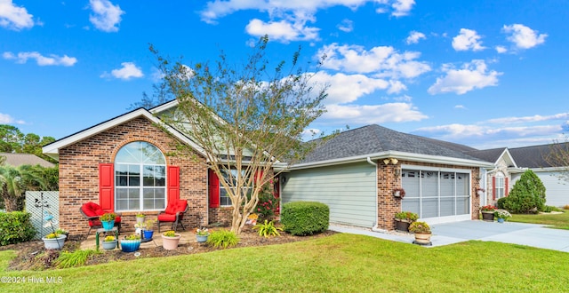 ranch-style home with a garage and a front yard