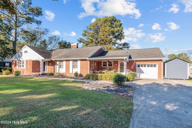 ranch-style house with a front yard, a porch, and a garage