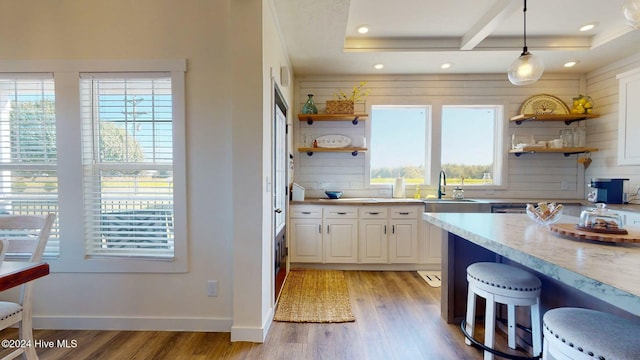 kitchen featuring light hardwood / wood-style floors, a healthy amount of sunlight, sink, and pendant lighting