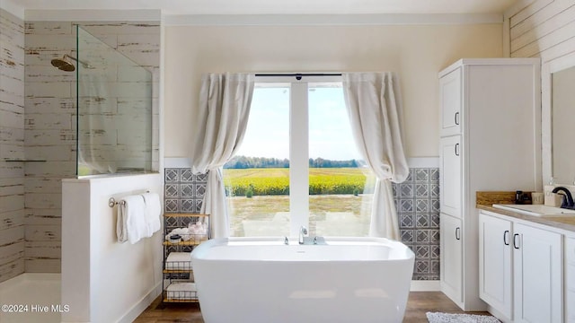 bathroom featuring vanity, independent shower and bath, and wood-type flooring