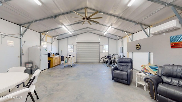 garage with white refrigerator, a carport, and a wall mounted AC