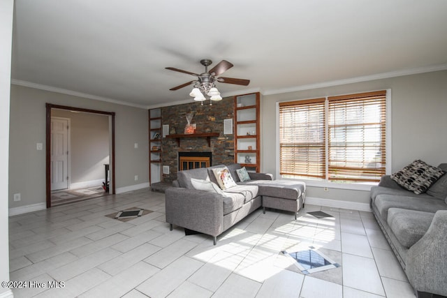 tiled living room with crown molding, a fireplace, and ceiling fan