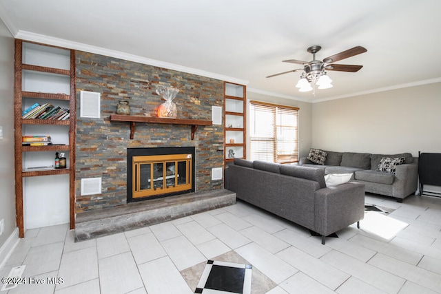 living room with ceiling fan, light tile patterned flooring, crown molding, and a fireplace