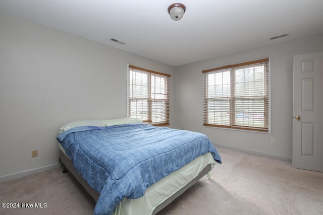 bedroom with multiple windows and light colored carpet