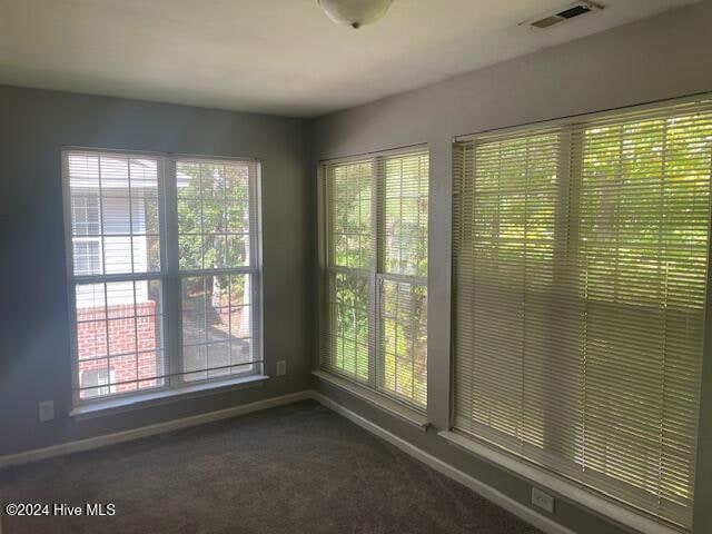 interior space featuring dark colored carpet