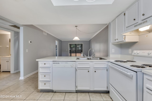 kitchen with white appliances, white cabinetry, sink, and kitchen peninsula