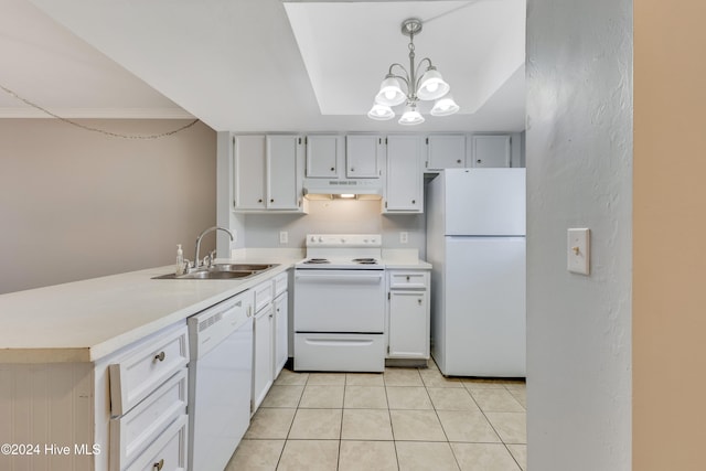 kitchen featuring a notable chandelier, sink, light tile patterned floors, pendant lighting, and white appliances