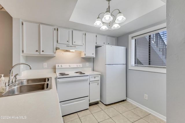 kitchen featuring light tile patterned flooring, white cabinetry, sink, white appliances, and pendant lighting