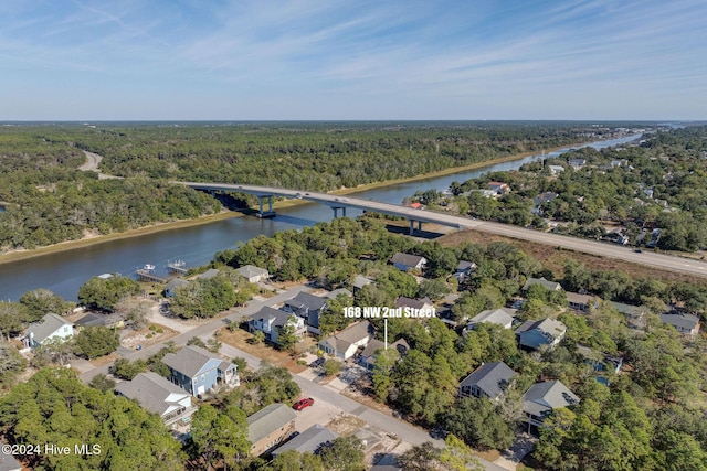 bird's eye view with a water view and a view of trees