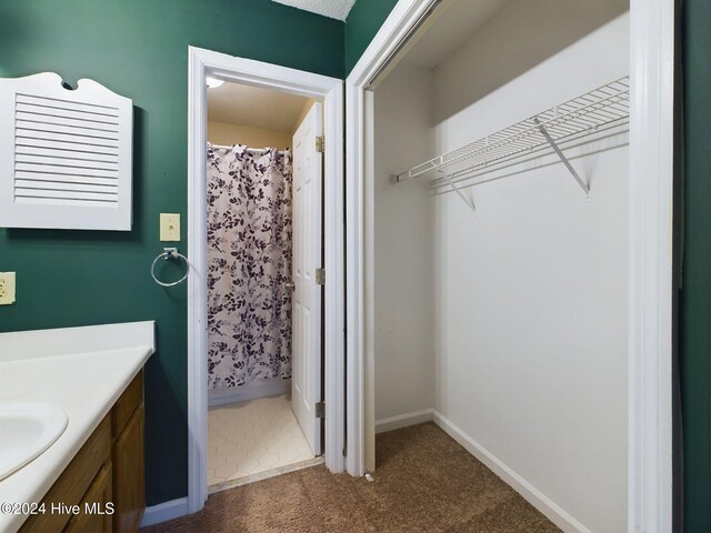 bathroom featuring vanity and curtained shower