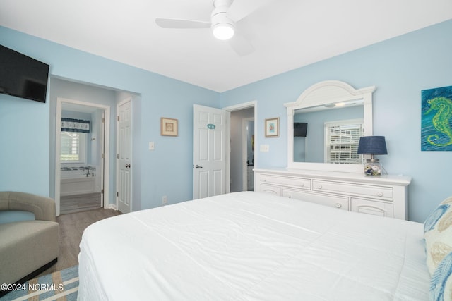 bedroom featuring ceiling fan, ensuite bath, and multiple windows