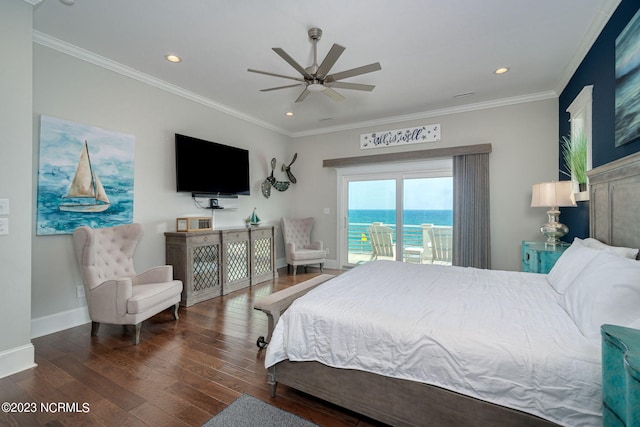 bedroom with dark hardwood / wood-style floors, ceiling fan, ornamental molding, and access to exterior