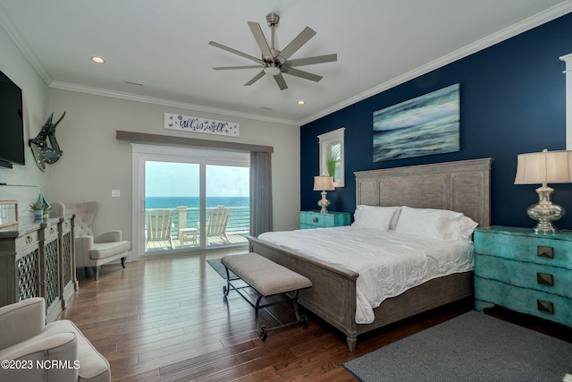 bedroom featuring hardwood / wood-style floors, ornamental molding, access to outside, ceiling fan, and a water view