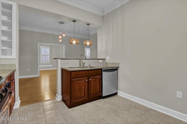 kitchen with light stone counters, stainless steel appliances, ornamental molding, a sink, and a peninsula