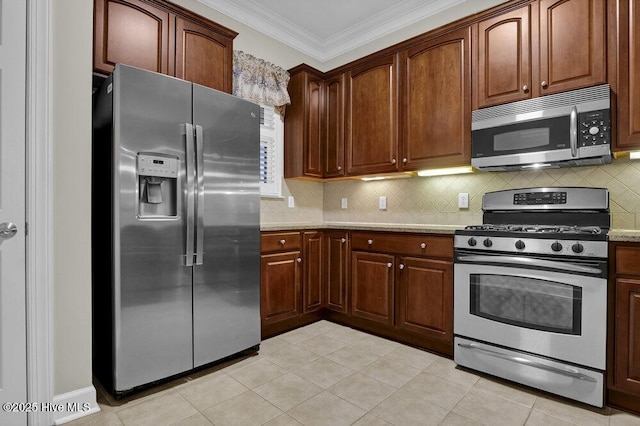 kitchen featuring light tile patterned floors, light stone counters, stainless steel appliances, ornamental molding, and tasteful backsplash