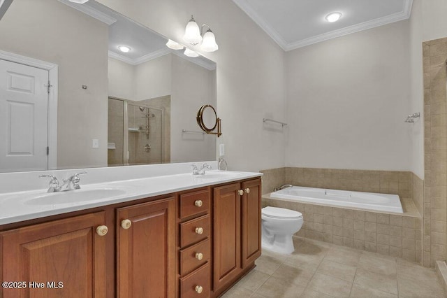 full bath with a sink, tile patterned floors, double vanity, a stall shower, and crown molding