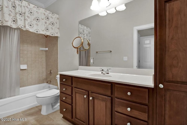 bathroom featuring shower / tub combo, toilet, tile patterned flooring, crown molding, and vanity