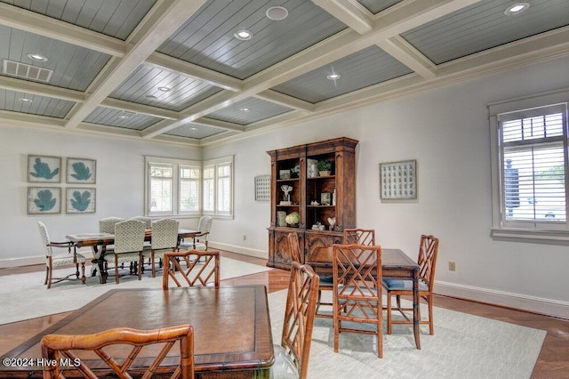 dining area with beamed ceiling, coffered ceiling, and a healthy amount of sunlight