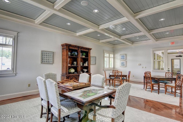 dining area featuring a wealth of natural light, beam ceiling, baseboards, and wood finished floors