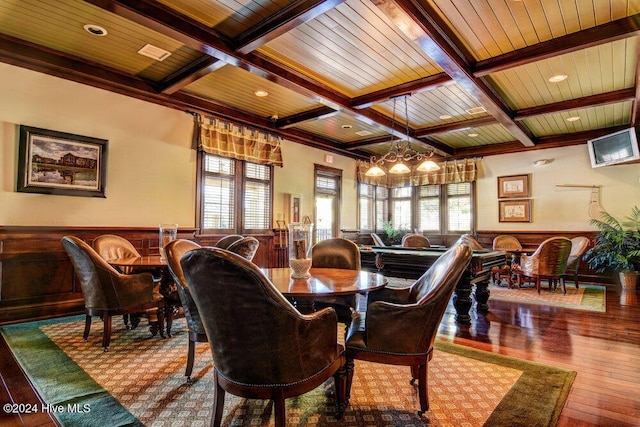 dining room featuring a wainscoted wall, wood ceiling, and a healthy amount of sunlight