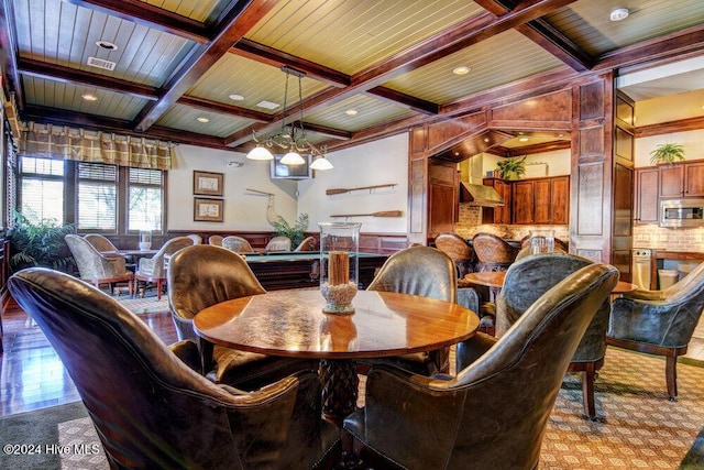 dining area with visible vents, coffered ceiling, a wainscoted wall, wood ceiling, and beamed ceiling