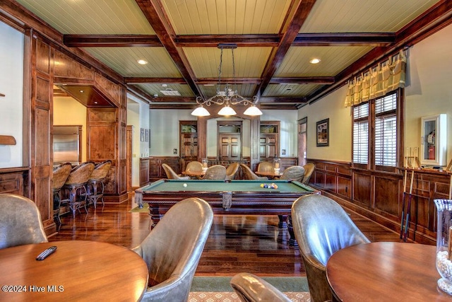 recreation room with wooden ceiling, a wainscoted wall, coffered ceiling, wood finished floors, and beam ceiling