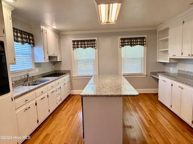 kitchen with plenty of natural light, sink, light wood-type flooring, and a kitchen island