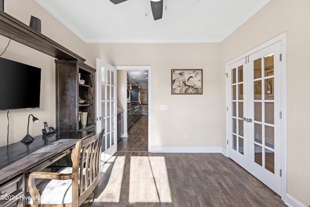 home office featuring ornamental molding, french doors, and wood finished floors