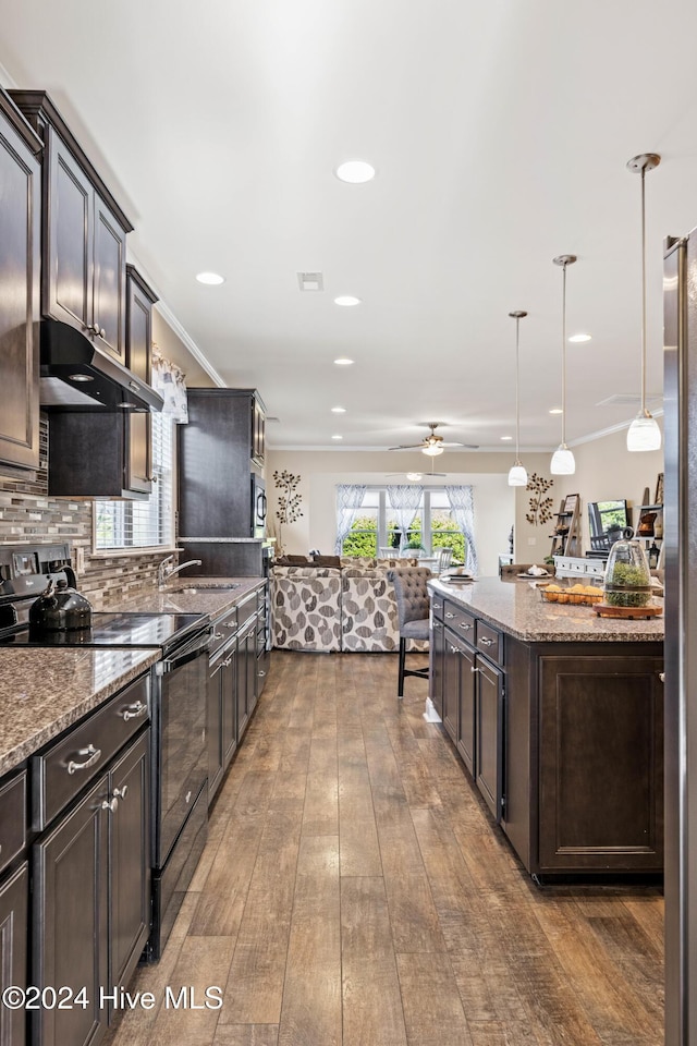 kitchen featuring dark wood-style floors, electric range, decorative backsplash, dark brown cabinets, and under cabinet range hood