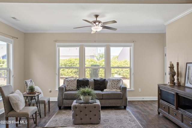 4104 Passerine Ave, Wilmington, NC 28412 - living area featuring ceiling fan, baseboards, dark wood finished floors, and a healthy amount of sunlight