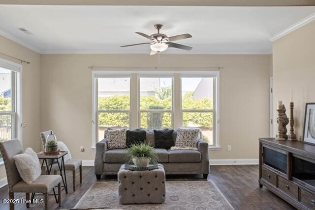 4104 Passerine Ave, Wilmington, NC 28412 - living area with baseboards, ornamental molding, a ceiling fan, and wood finished floors