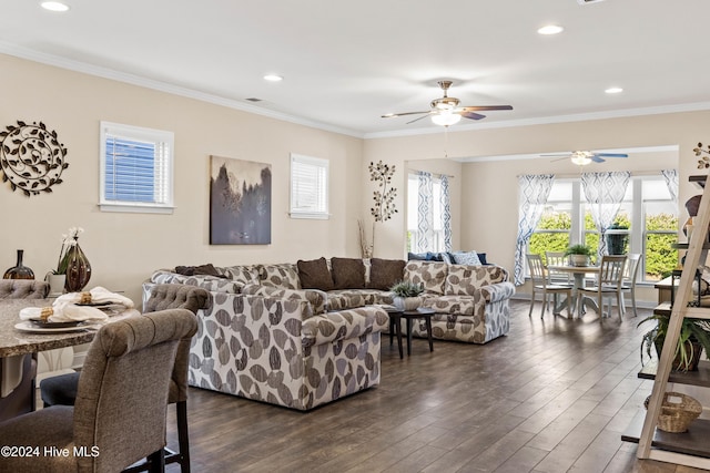 living area featuring dark wood-style floors, recessed lighting, and ornamental molding