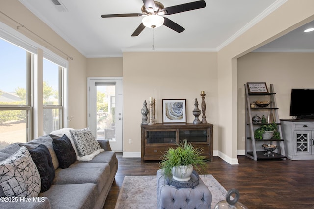 4104 Passerine Ave, Wilmington, NC 28412 - living area with baseboards, ornamental molding, ceiling fan, and wood finished floors
