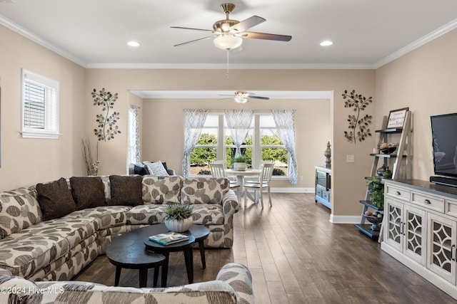 living area with a healthy amount of sunlight, ornamental molding, and dark wood-style flooring