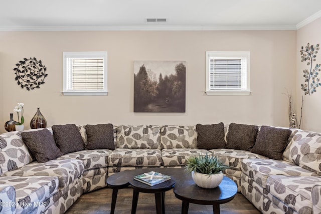 living room featuring dark wood-style flooring, visible vents, and crown molding