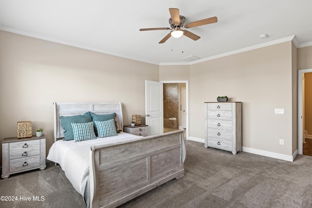 bedroom featuring visible vents, dark carpet, ornamental molding, connected bathroom, and baseboards