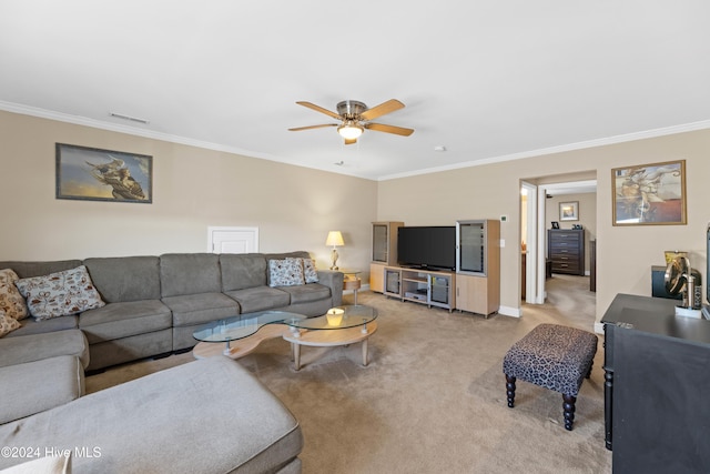 living room featuring ornamental molding, light colored carpet, and visible vents