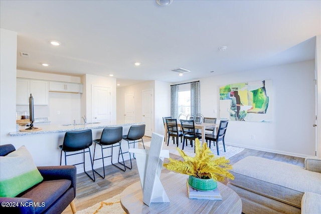 living room with light hardwood / wood-style floors and sink