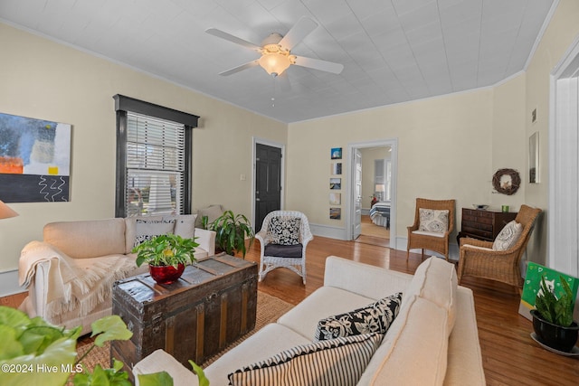 living room with light wood-type flooring, ceiling fan, and ornamental molding