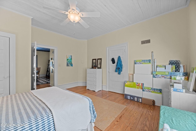 bedroom with light hardwood / wood-style floors and ceiling fan